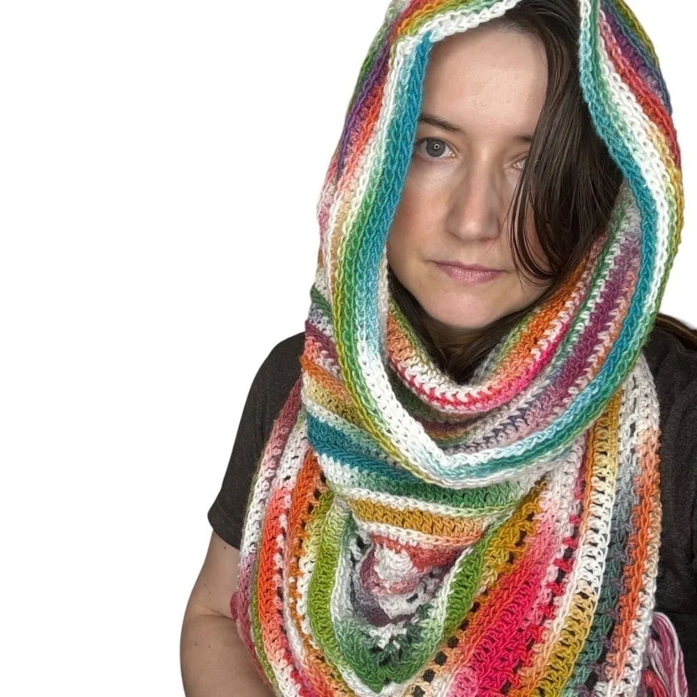 Handcrafted Crochet Hooded Cowl Scarf With Fringe New Handmade by Seller Knit